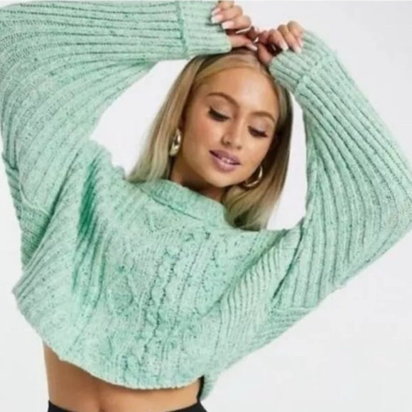 FREE PEOPLE On Your Side Pullover Chunky Knit Mint Green Sweater Women's XS - Picture 1 of 4